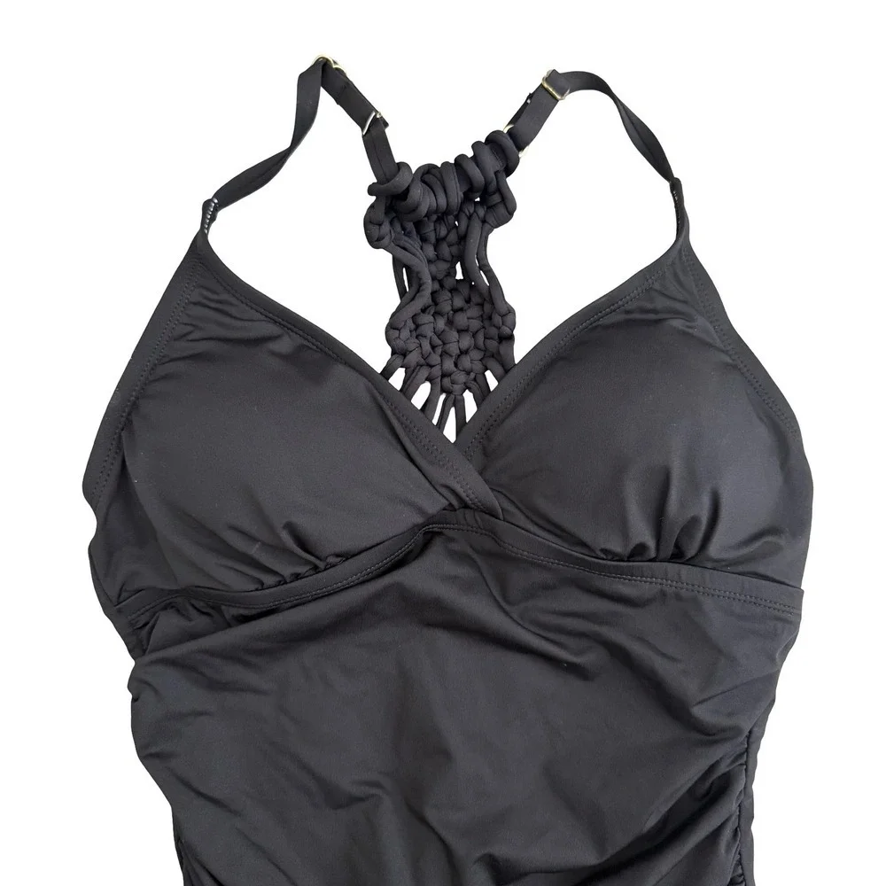 One Piece Swimsuit Black Macrame Racerback Ruched Women Size 6